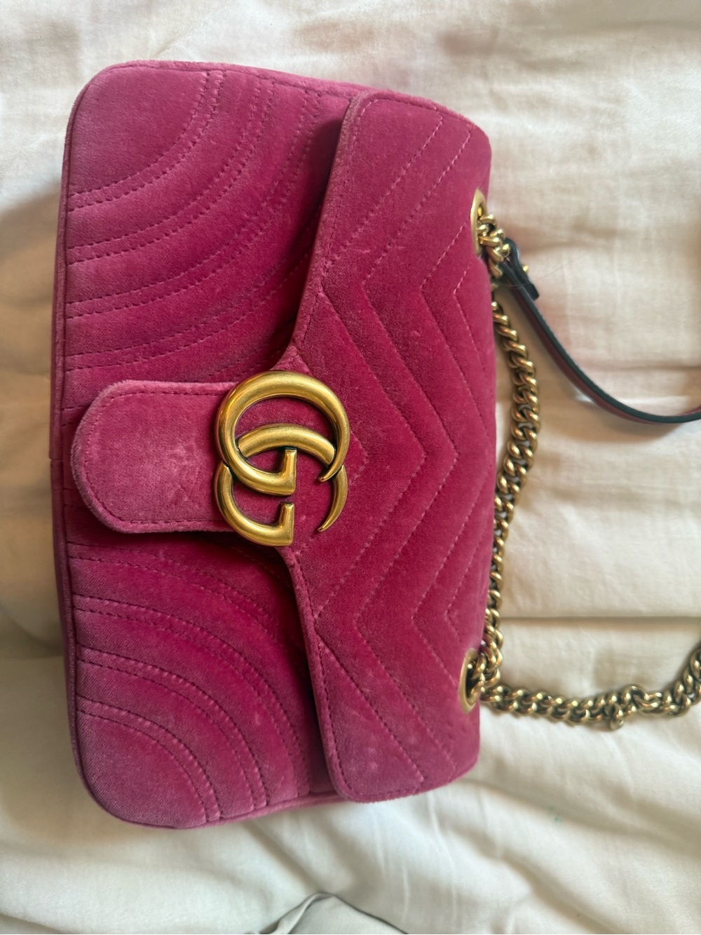 Gucci Pink Suede Shoulder Bag with Gold Double G Hardware